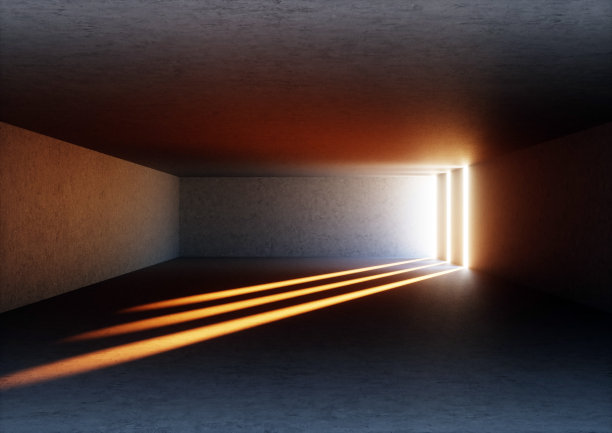 3d渲染的宽阔抽象照明空走廊室内由灰色混凝土，发光的线条与阴影，日光隧道没有出口，橙色光线，极简主义的空间图片下载