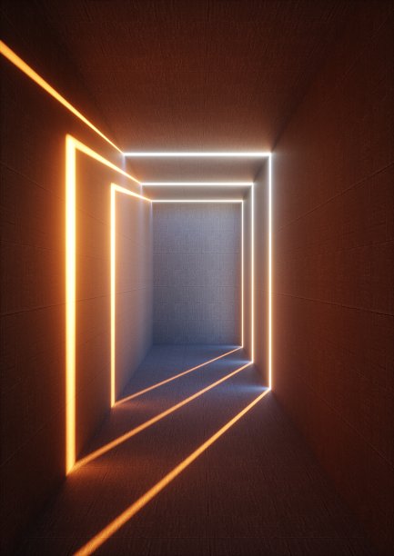 3d渲染，抽象的背景，高照明空走廊，室内混凝土墙，发光的线条，日光，隧道没有出口，日落光线，极简的空间图片下载