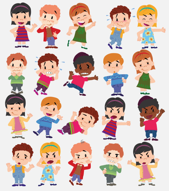 卡通人物男孩和女孩。设置不同的姿势，姿态和姿势，做不同的活动。矢量插图。图片下载