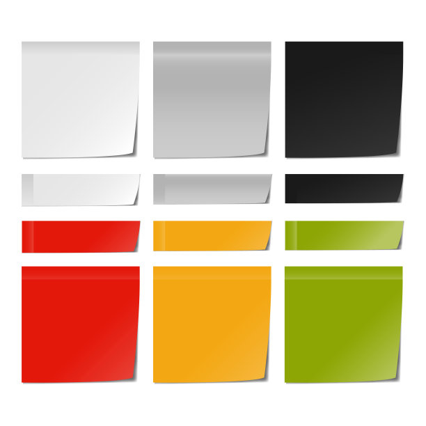 向量现实的黑白，和彩色方形备忘录不干胶标签模拟隔离。便签纸提醒模板。3d纸模型插图为您的设计。图片下载