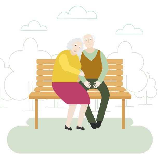 老两口坐在长凳上——矢量平面风格插画。图片下载