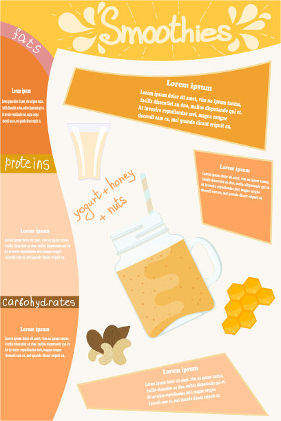 蜜甜的果汁。一杯由坚果、酸奶、蜂蜜组成的维他命鸡尾酒奶昔，再加上信息图表和文字元素。矢量插图的自然和健康的食物。图片下载
