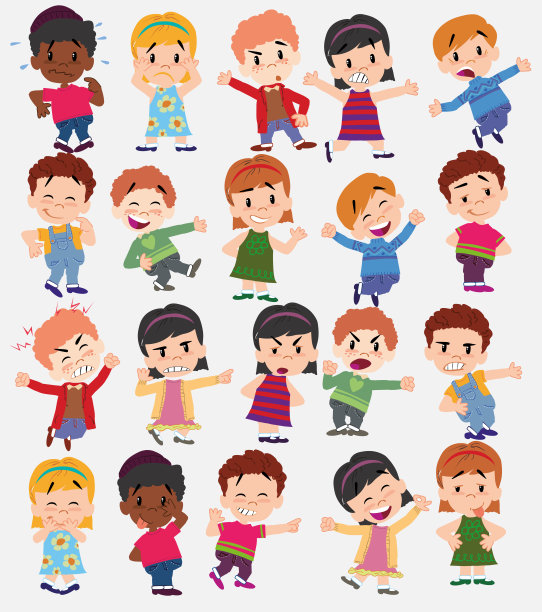 卡通人物男孩和女孩。设置不同的姿势，姿态和姿势，做不同的活动。矢量插图。图片下载