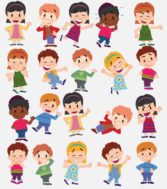 卡通人物男孩和女孩。设置不同的姿势，态度和姿势，始终以积极的态度，做不同的活动。矢量插图。图片下载