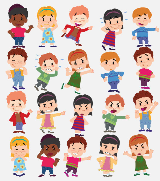 卡通人物男孩和女孩。设置不同的姿势，姿态和姿势，做不同的活动。矢量插图。图片下载