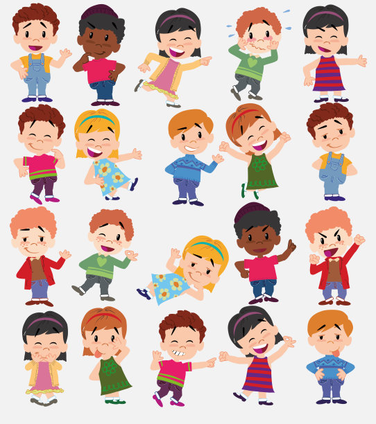 卡通人物男孩和女孩。设置不同的姿势，态度和姿势，始终以积极的态度，做不同的活动。矢量插图。图片下载