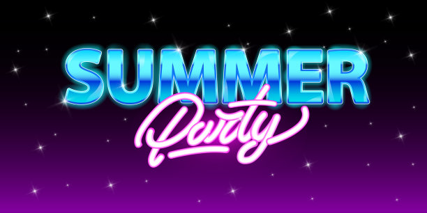 霓虹风格的夏日派对。传单或旗帜与棕榈树和夜空与星星的背景。矢量插图设计。图片下载