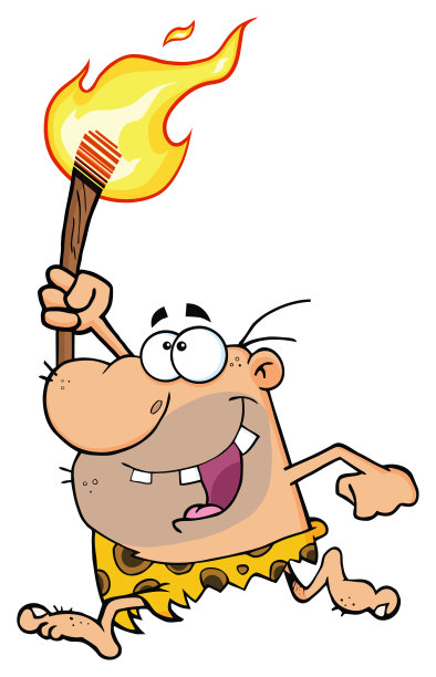 快乐的穴居人卡通人物拿着火炬跑步图片下载