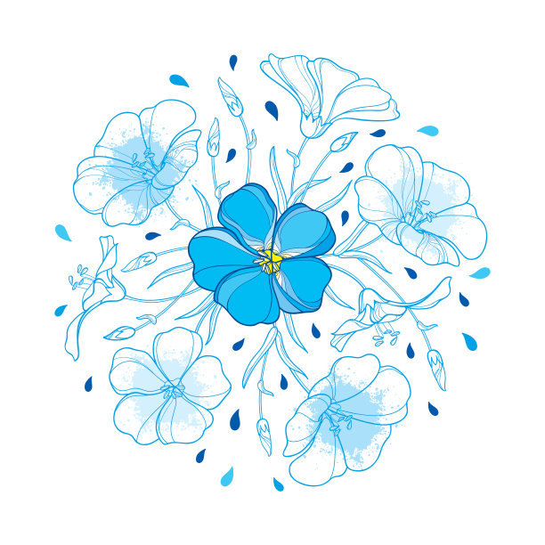 矢量圆形花束与轮廓亚麻植物或亚麻子或亚麻花，芽和叶在柔和的蓝色孤立在白色的背景。图片下载