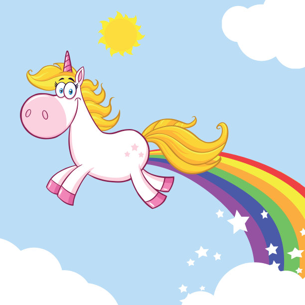 微笑魔术独角兽卡通吉祥物人物独角兽制造彩虹图片下载