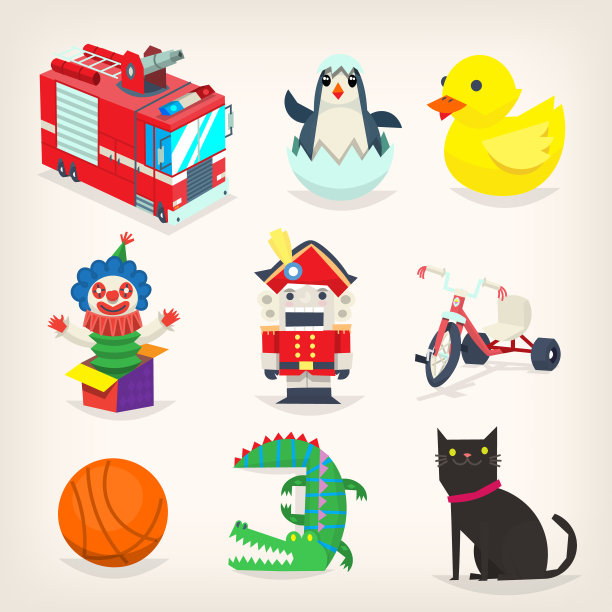 儿童游戏和复古圣诞礼物的彩色玩具套装。素材图片