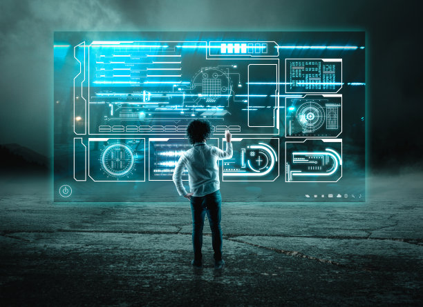 商人在外面使用数字屏幕全息图图片下载
