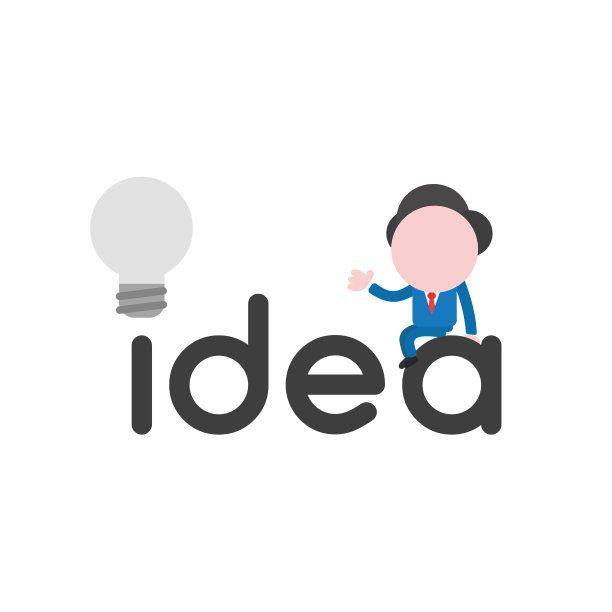 矢量插图商人人物用灰色灯泡坐在创意字上图片下载