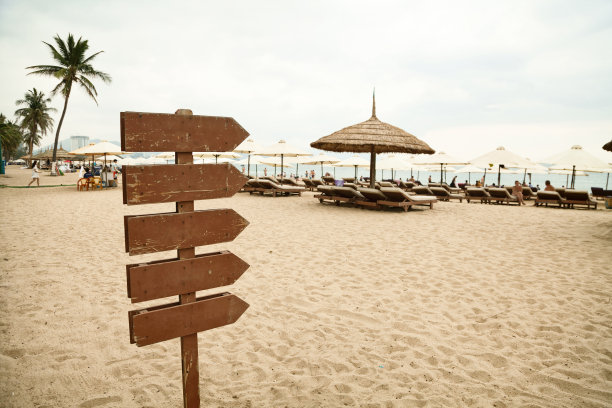 沙滩上有拷贝空间的木制指针图片下载