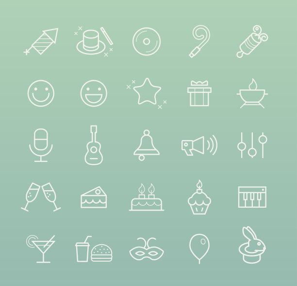 一套质量通用标准最小简单的白色细线派对和生日图标在颜色背景图片下载