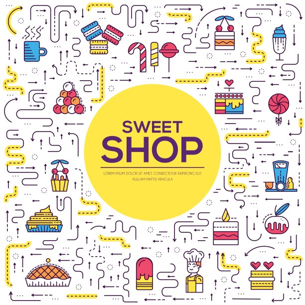 细线快乐的人烘焙手册卡套。装饰蛋糕模板的飞年，杂志，海报，书封面，横幅。概述糖果店邀请概念图片下载