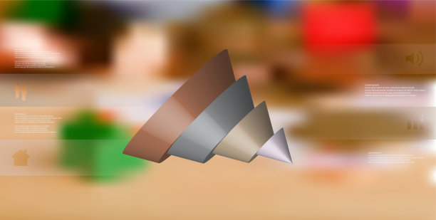 三维插图信息图形模板切片锥主题四个颜色部分移位，溢出和歪斜排列。简单的标志和文字是在彩色横幅。背景是模糊的照片。图片下载