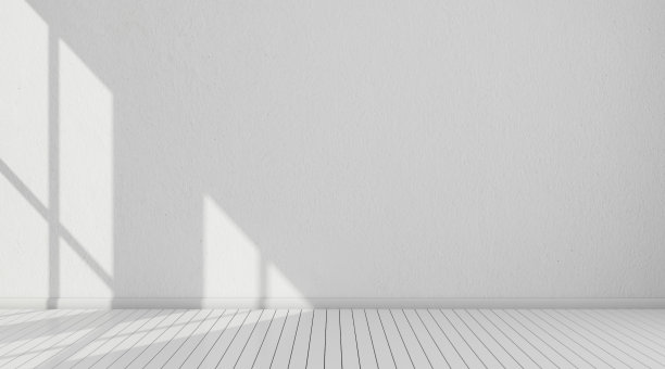 3D刺激的白色房间内部和木板地板与阳光投射窗影在墙上，极简设计建筑的透视素材图片