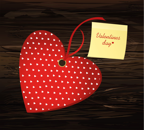 红色的心带蝴蝶结和丝带。黄色的便条纸。贴纸。情人节。矢量插图。贺卡与空白的文字或广告。木制背景素材图片