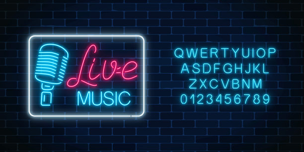 夜总会的霓虹字母和招牌配现场音乐。带卡拉ok的酒吧闪烁的街道标志图片下载