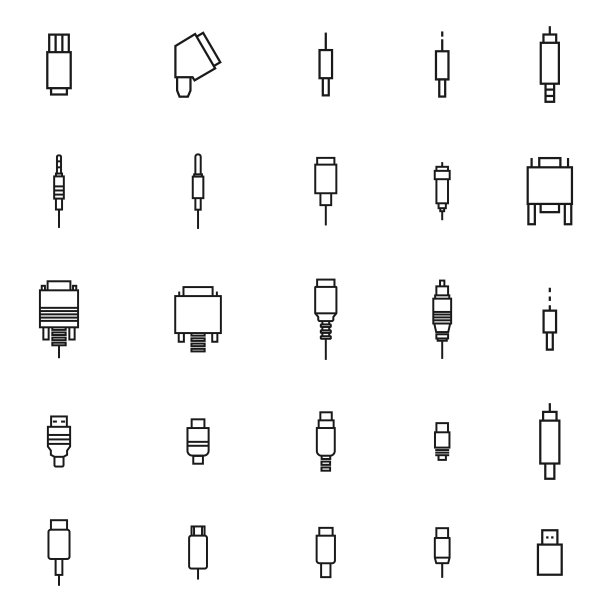 一套不同的视频和音频连接器，矢量插图。图片下载