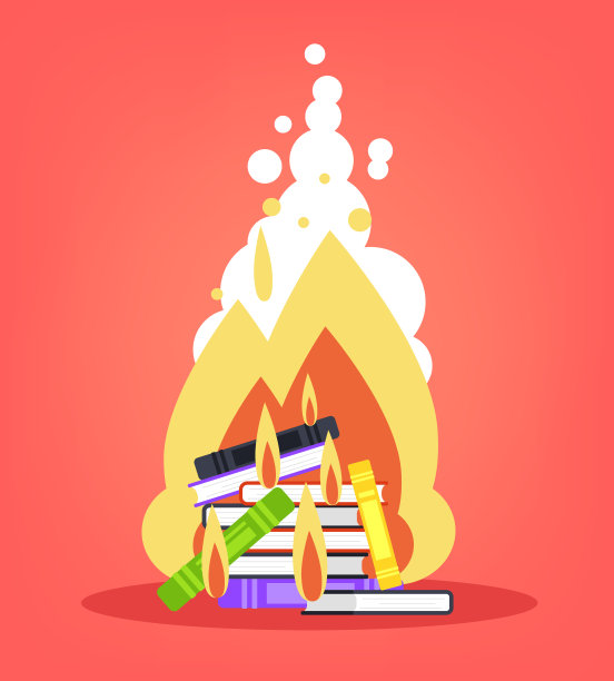 一堆书、文件、文件夹、笔记、笔记本在篝火中燃烧。教育知识文献档案文献概念。矢量平面卡通设计图形孤立插图图片下载