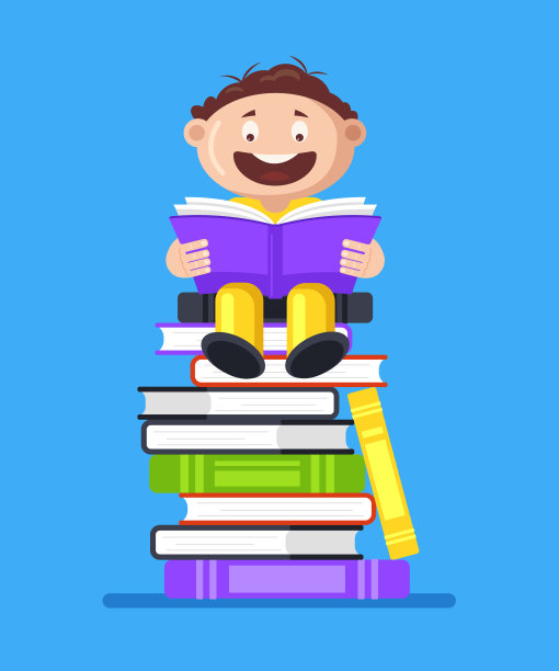 快乐微笑的小男孩小孩学步的性格坐在一堆书和阅读有趣的魔法童话故事。教育知识文献图书馆理念。矢量平面卡通设计图形孤立插图图片下载
