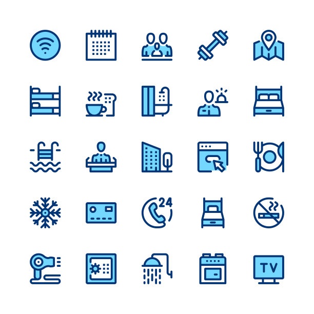 酒店服务和设施系列图标集。现代平面设计理念，简单的符号，直线笔画的网页元素，象形图的集合。最小细线设计。优质的质量。像素完美。向量轮廓图标图片下载