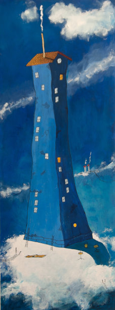 天空中云中的一座高大的蓝色房子图片下载