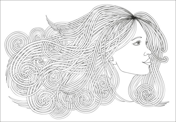 侧面美丽的女人与波浪长发。图形的风格。美容院。矢量图图片下载