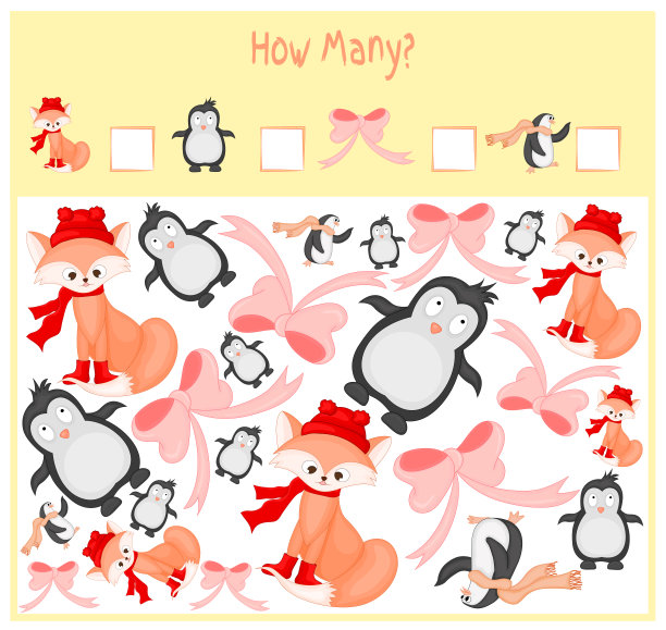 学前儿童数学教育游戏：数数游戏，清点物品并写出结果，野生和家养动物，自然主题素材图片