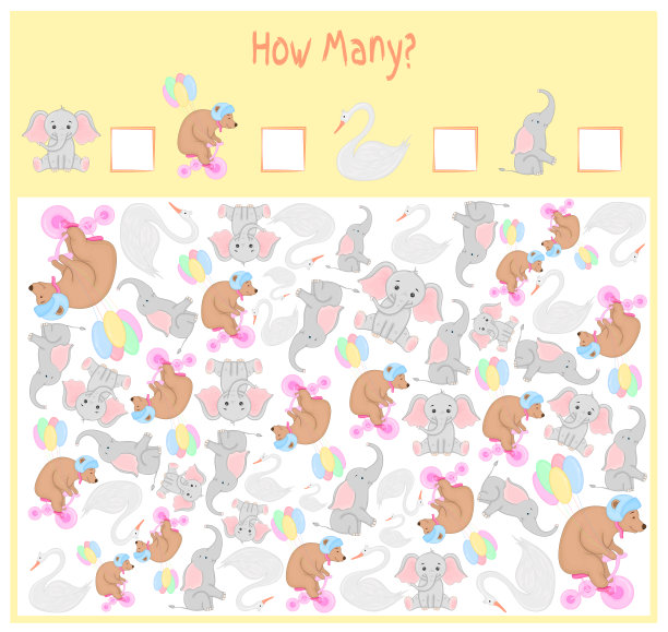 学龄前儿童的数数游戏。一个数学教育游戏。数一数有多少项，并写出结果。野生动物和家畜。大自然。图片下载