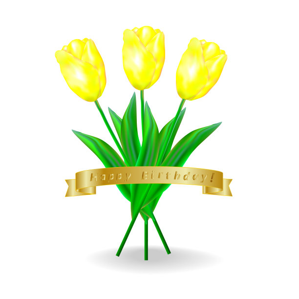 生日快乐。一束带着金色丝带的三朵黄色郁金香，还有生日祝福。绶带上的贺词冗长冗长。图片下载