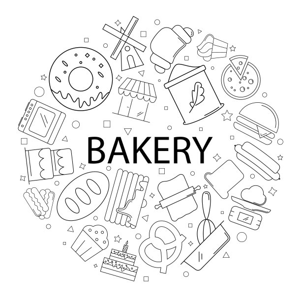 向量面包房模式与字。面包店的背景图片下载