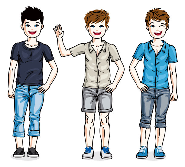 不同的年轻男孩可爱的孩子站在时尚的休闲衣服。矢量集美丽的孩子插图。图片下载