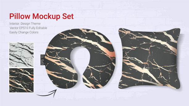 逼真的旅行颈枕模型模板和封面坐垫情况，打印图形的家庭装饰主题设计与大理石金色纹理(向量集模板，完全可编辑的颜色变化)图片下载