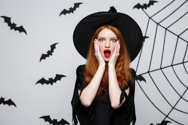 万圣节概念-美丽的白人女巫令人震惊的东西在灰色的背景。图片下载