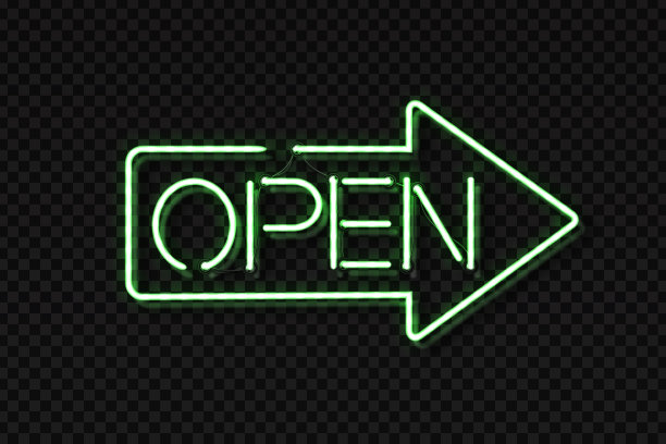 矢量现实隔离霓虹灯的开放字母箭头装饰和覆盖在透明的背景。餐厅和夜总会入口的概念。图片下载