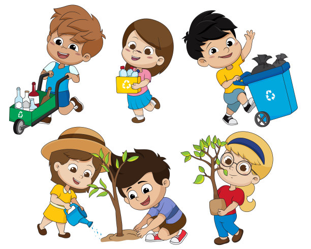孩子们通过收集回收的塑料瓶、倒入垃圾箱的垃圾和种树来帮助拯救世界。图片下载