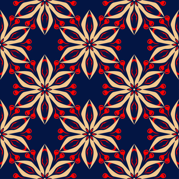 蓝色的无缝的背景。花米色和红色图案图片下载