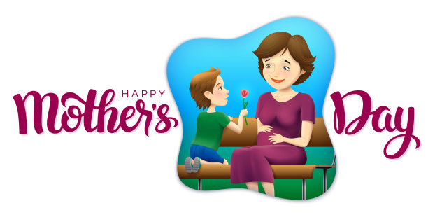 向量母亲节快乐贺卡。一个儿子给他怀孕的妈妈送花的插图。素材图片