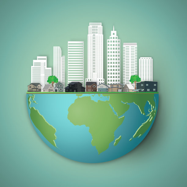 现代建筑、城市景观和房屋与彩色气球半球绿色世界作为商业、自然、生态和爱地球日的概念。矢量插图的纸艺术和工艺风格。图片下载