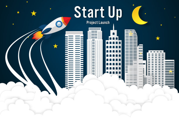 火箭发射和建筑摩天大楼在夜晚的云朵和黑暗的天空作为纸艺术，工艺风格和商业创业项目的概念。平面设计矢量插图。图片下载