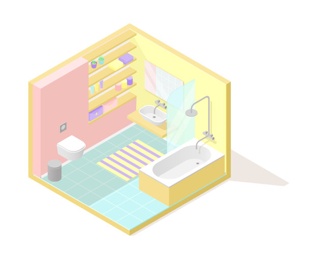 向量等距低多边形切面内部插图。浴室图片下载