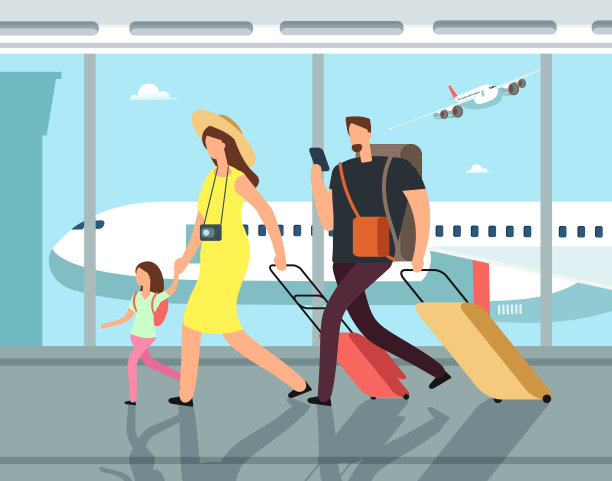 带着行李在机场候机厅旅行的家人。人们对假期矢量卡通概念素材图片
