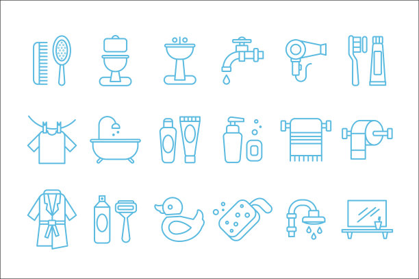 与浴室和个人卫生相关的线性图标向量集。厕所，水槽，吹风机，浴衣，剃须泡沫和剃须刀，橡胶鸭图片下载