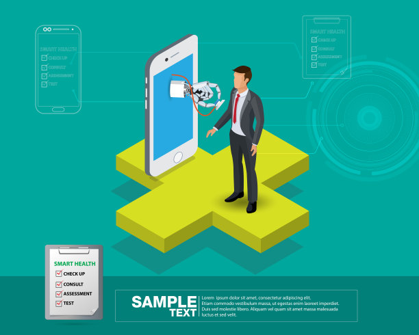 等距矢量图，概念手医生机器人与听诊器在手机上。图片下载