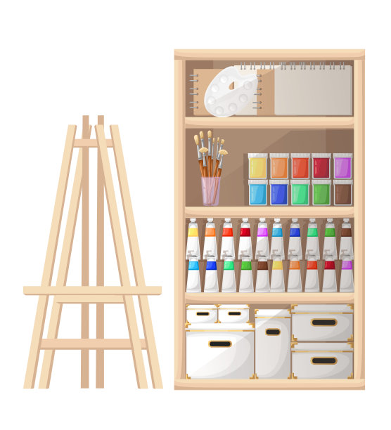 卡通风格的工具和材料的绘画和生物素描本笔刷、画架调色板和管绘制矢量插图隔离在白色背景的网站页面和移动应用程序设计图片下载