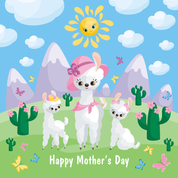 带着有趣的大羊驼的母亲节卡片图片下载