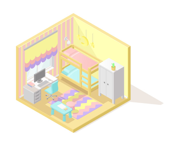 向量等距低多边形切面内部插图。孩子们的房间图片下载